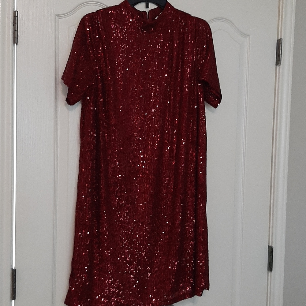 Maroon sequined short sleeve short dress